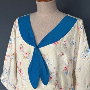Vintage 1940s Handmade Floral Sailor Collar Rayon House Dress | Size L XL